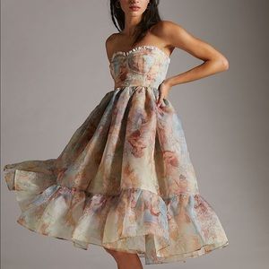 NEW Selkie Corset Organza Puff Midi Dress Strapless Floral Beige Pink Small